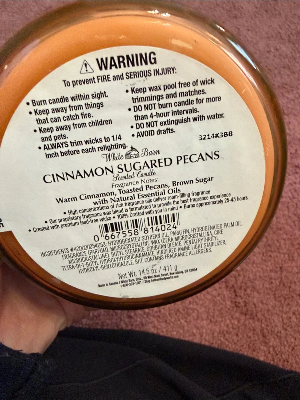 White Barn Cinnamon Sugared Pecans Scented Candle — Orange Brown Glass - Picture 4 of 4